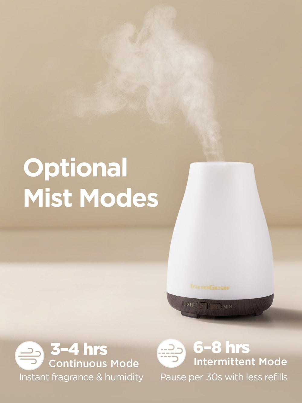 InnoGear essential oil diffuser continuous-mist for steady aroma across a cozy living space.