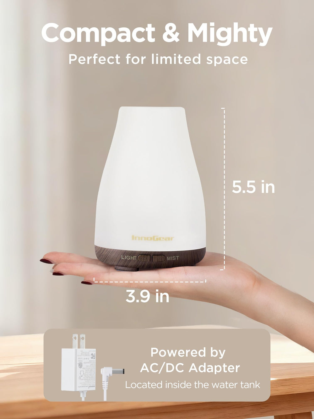 InnoGear diffuser intermittent-mist mode delivers long-lasting fragrance with gentle pauses for nightly use.