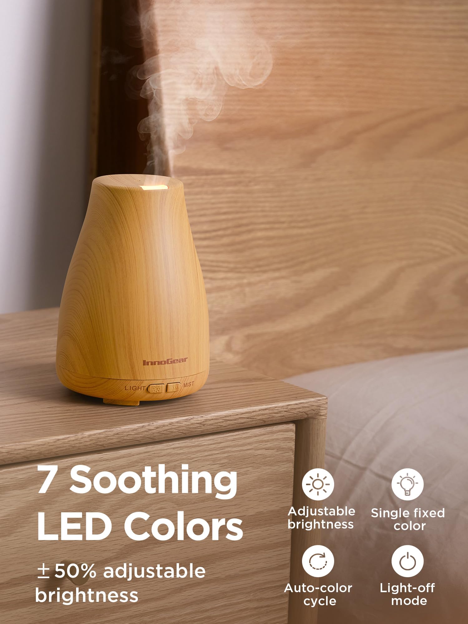 InnoGear diffuser in a cozy bedroom setup with a soft ambient glow.