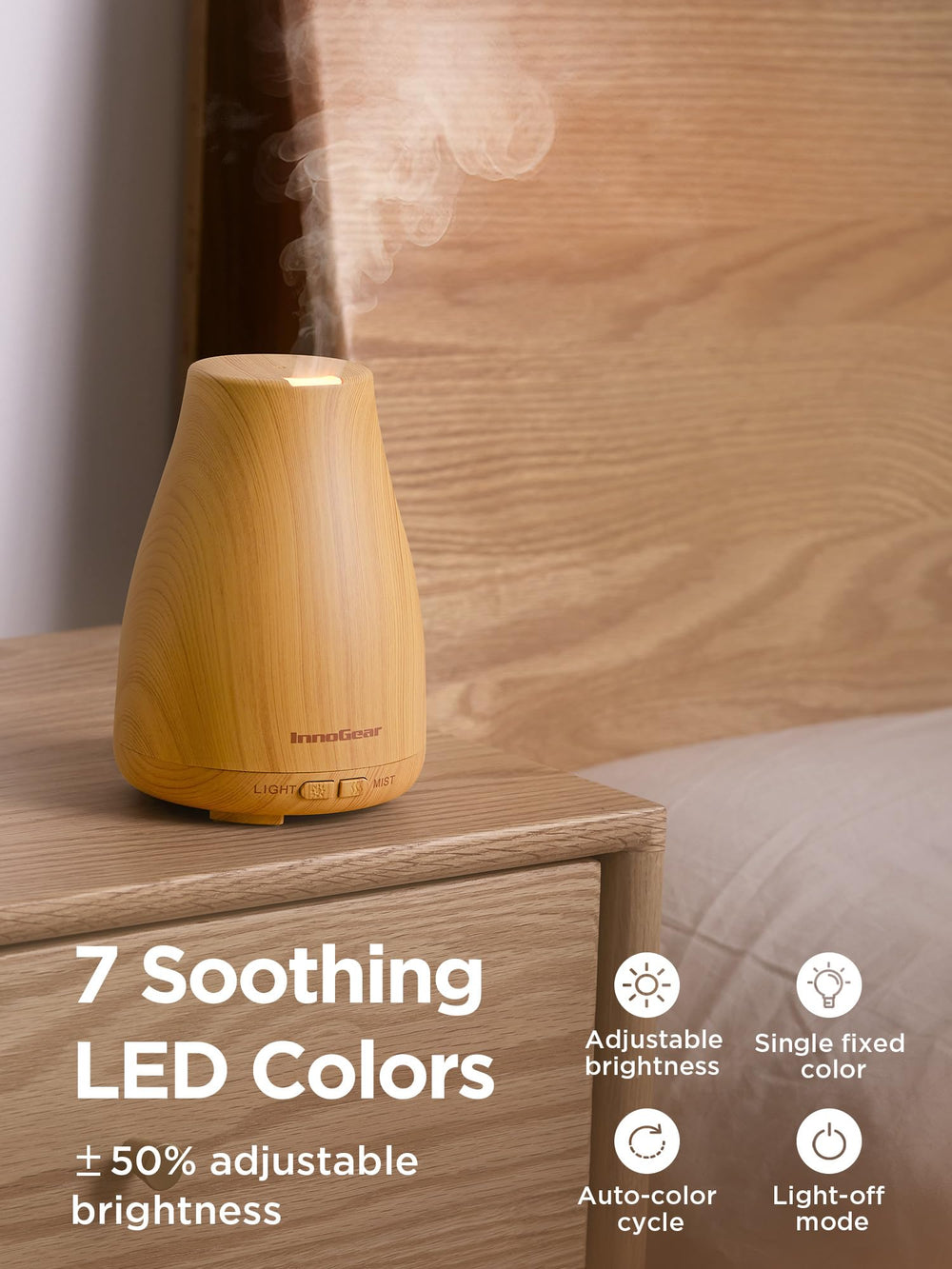 InnoGear diffuser in a cozy bedroom setup with a soft ambient glow.