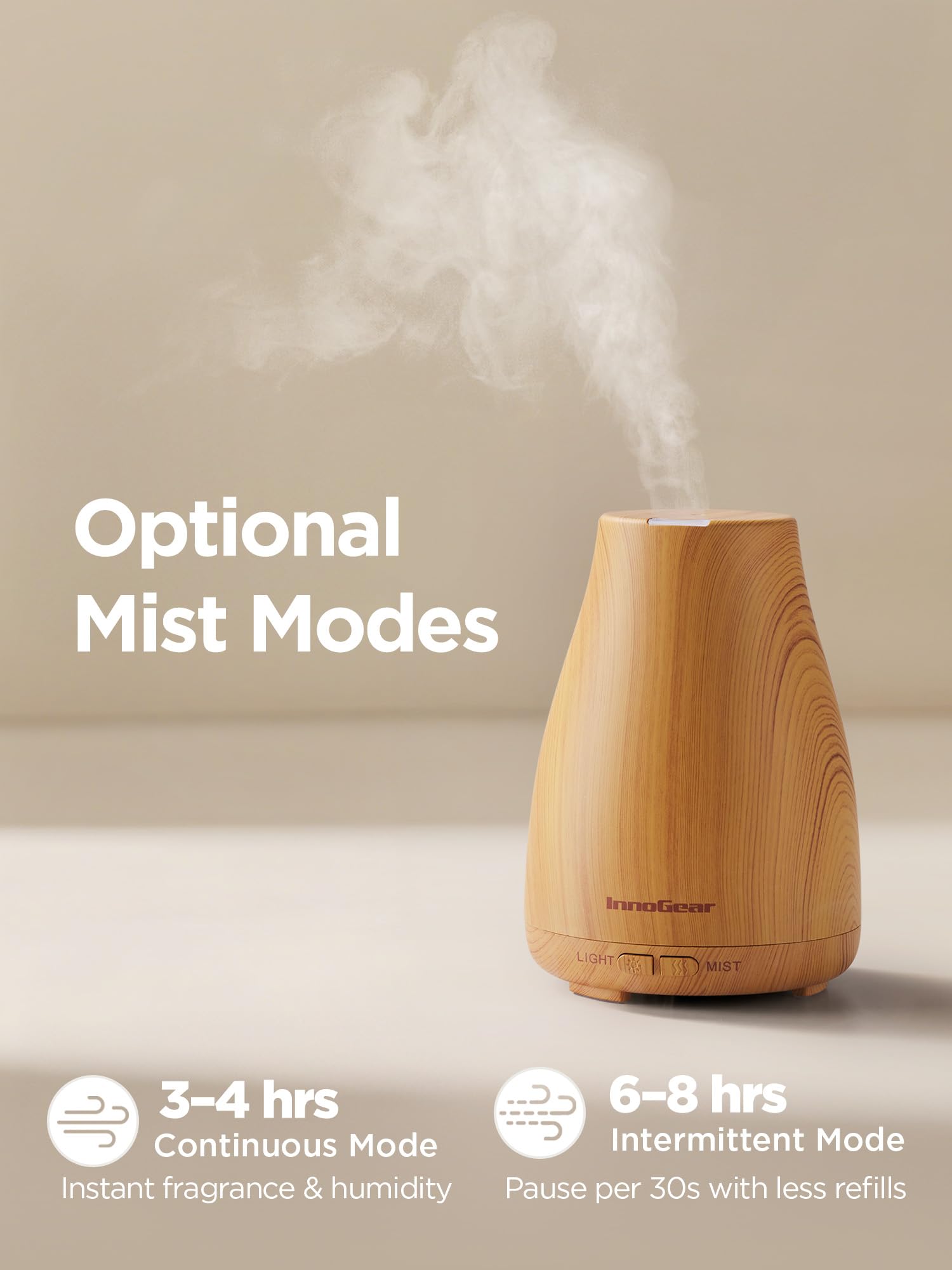 InnoGear diffuser intermittent mist mode for overnight fragrance in a calm room.