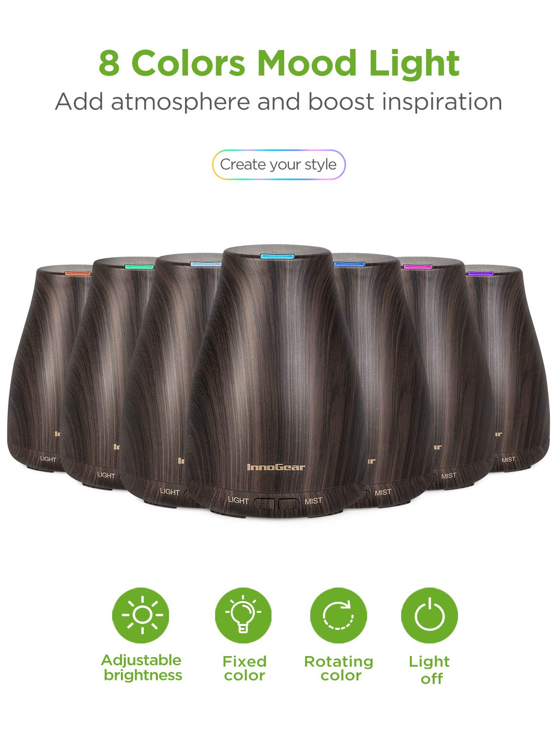 InnoGear oil bottles collection presents six pure scents for mood-enhancing aromatherapy.