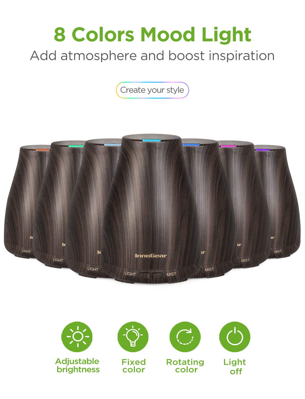 InnoGear oil bottles collection presents six pure scents for mood-enhancing aromatherapy.