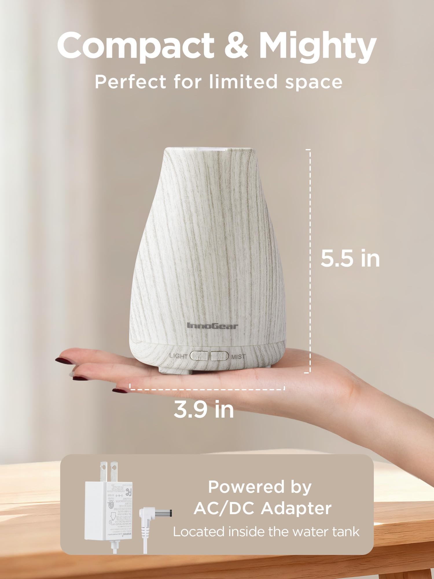 InnoGear ultrasonic diffuser shown in a bedroom for quiet humidification.
