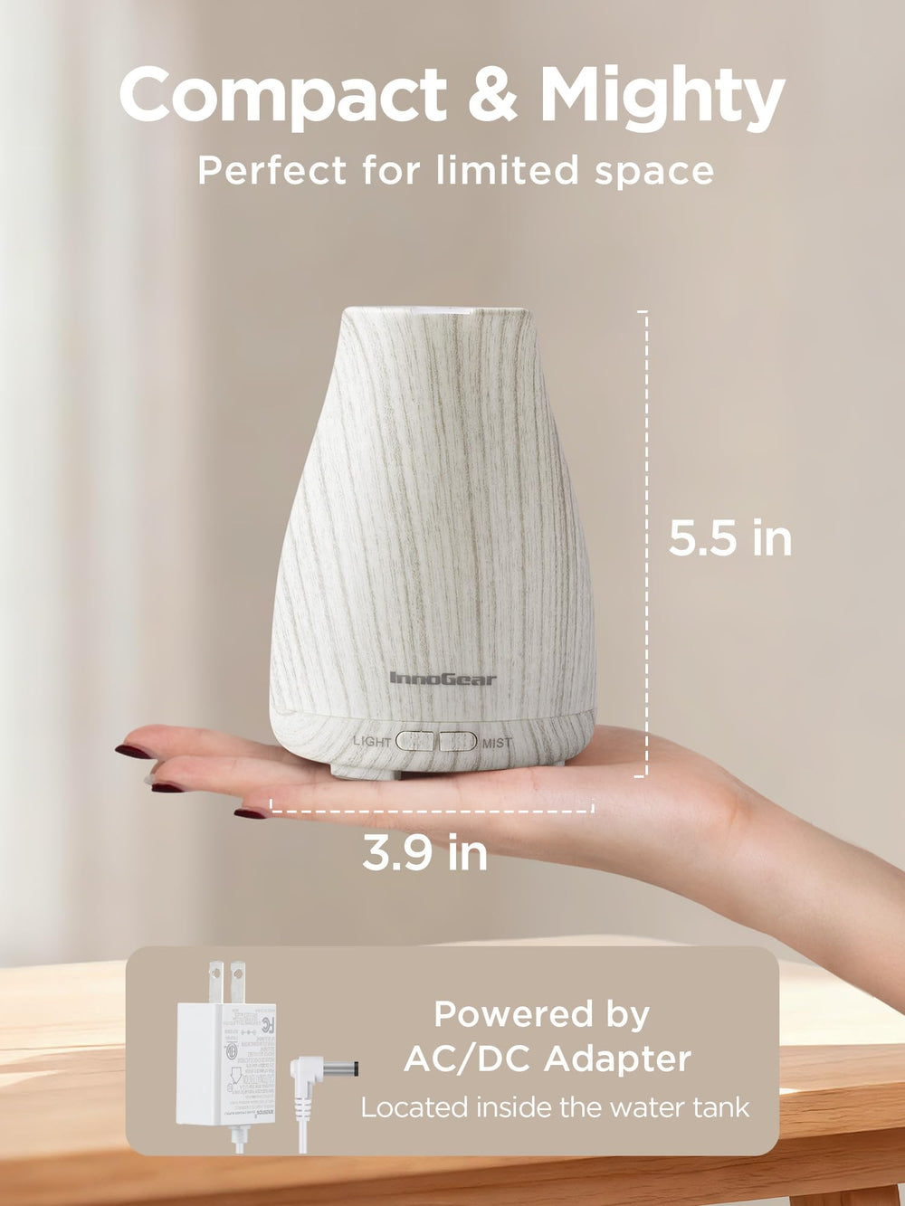 InnoGear ultrasonic diffuser shown in a bedroom for quiet humidification.