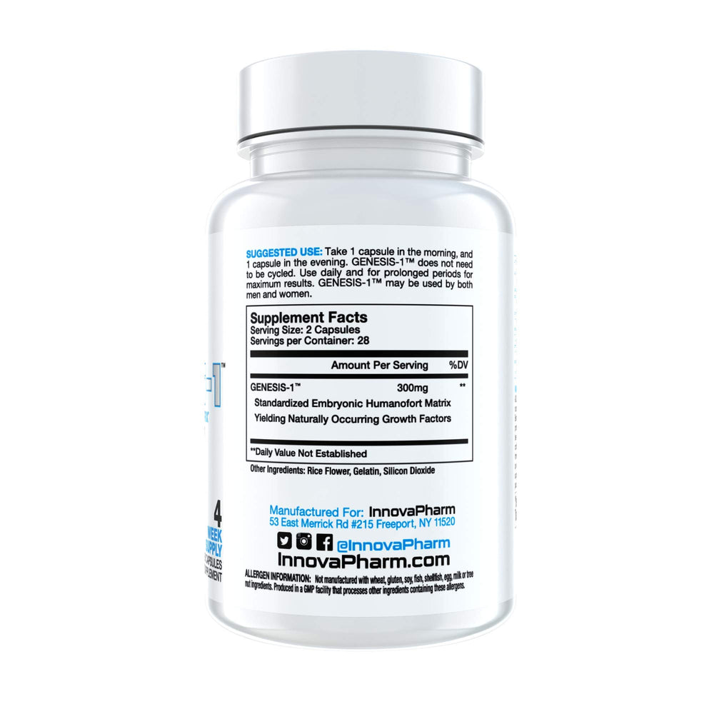 InnovaPharm GENESIS-1 bottle label shot highlighting quality ingredients for strength and recovery.