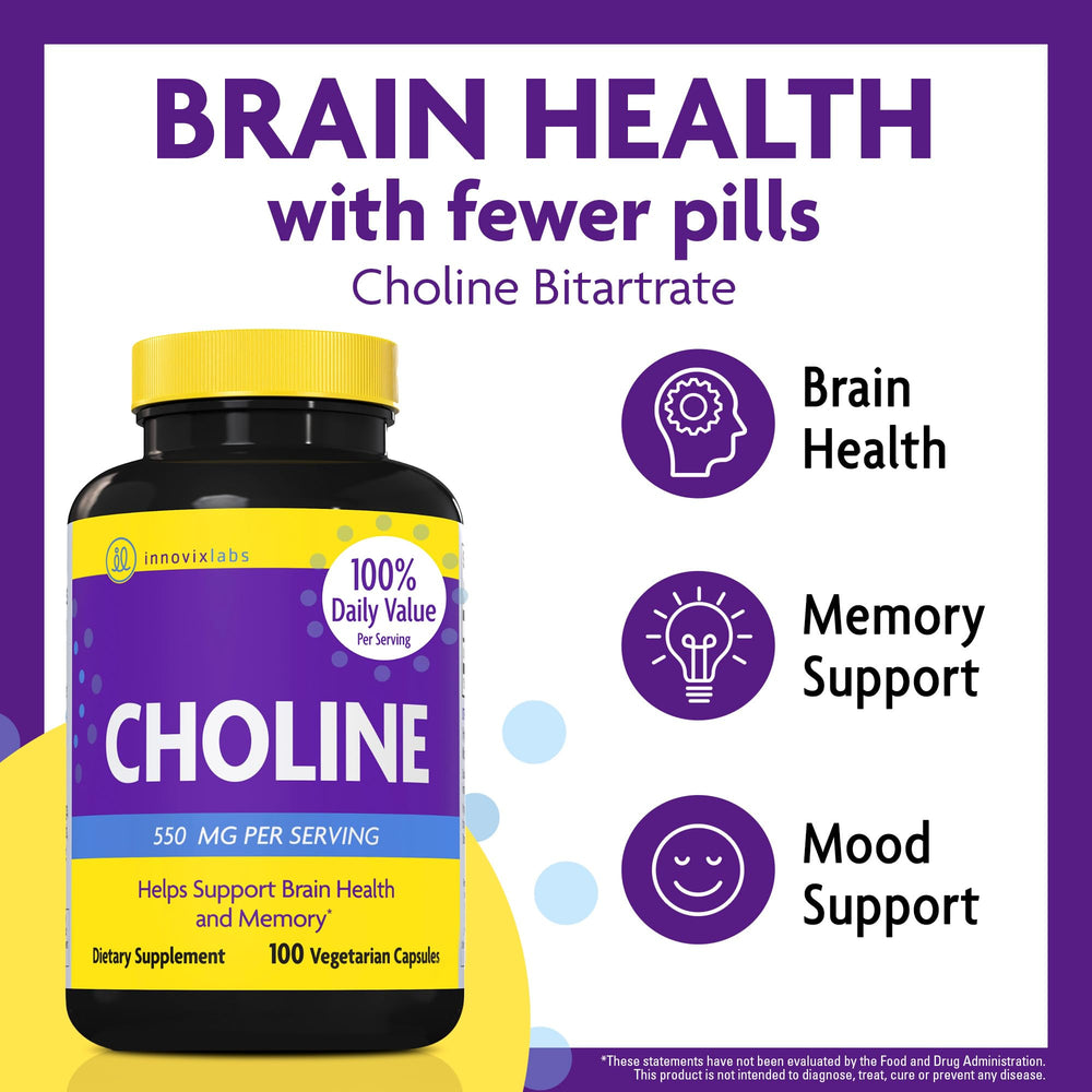 InnovixLabs choline capsules, 100 count, ideal for ongoing focus.