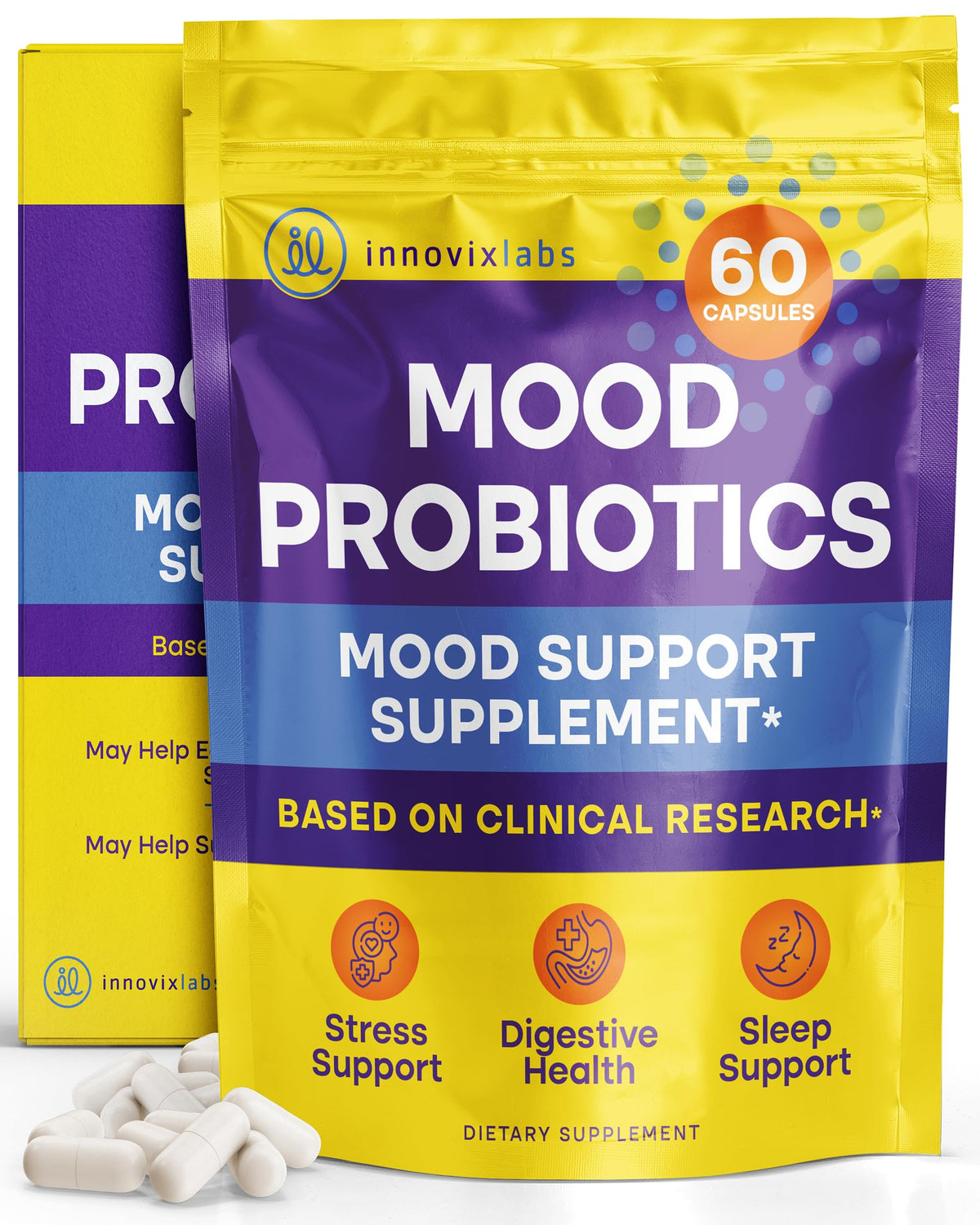InnovixLabs Mood Probiotic bottle shown for daily digestive and mood support.