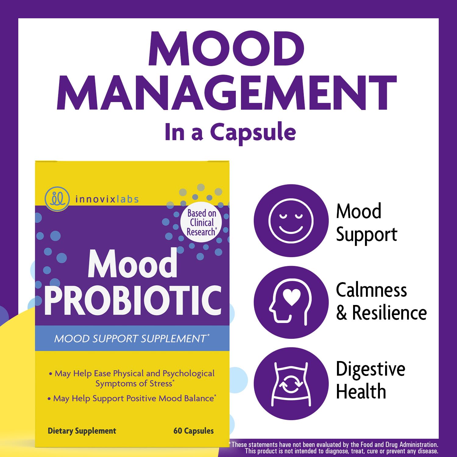 InnovixLabs Mood Probiotic capsules close-up highlighting convenient daily dose.