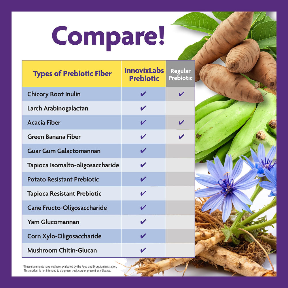 InnovixLabs Prebiotic Fiber Powder ingredients bowl highlights diverse fibers.
