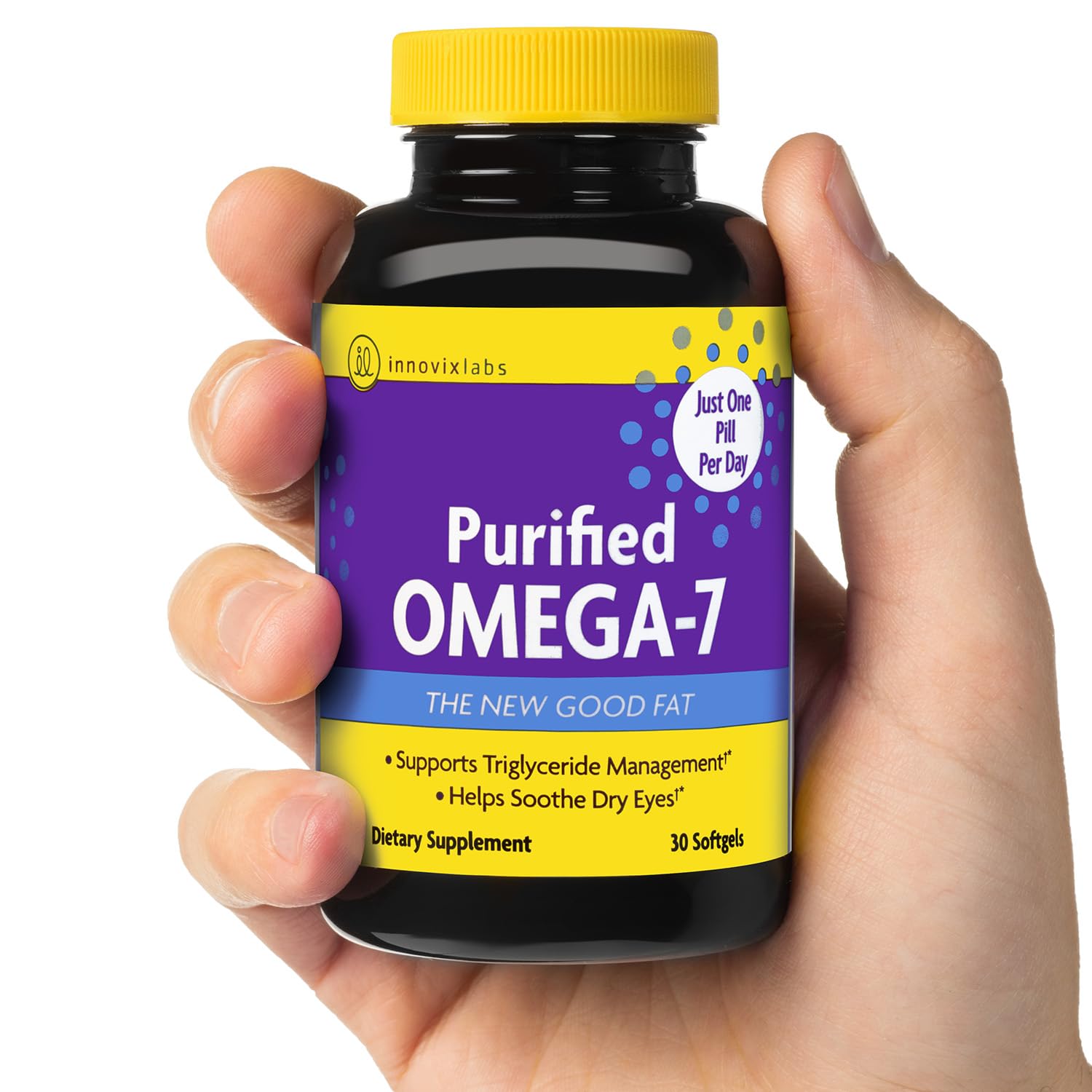 InnovixLabs Purified Omega 7 glass bottle shown for premium packaging