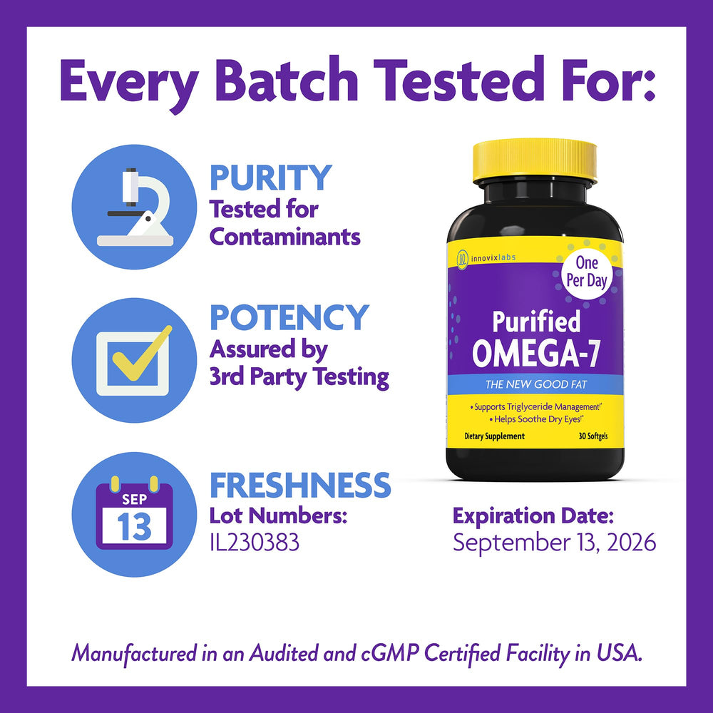 InnovixLabs Purified Omega 7 odorless bottle depicting fresh, tasteless supplement