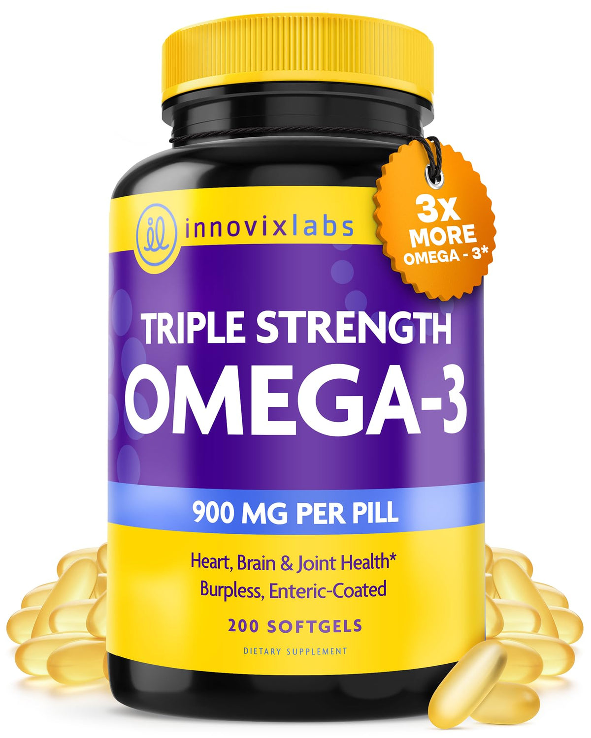 InnovixLabs triple strength omega-3 bottle showcases potency and quality for daily wellness.