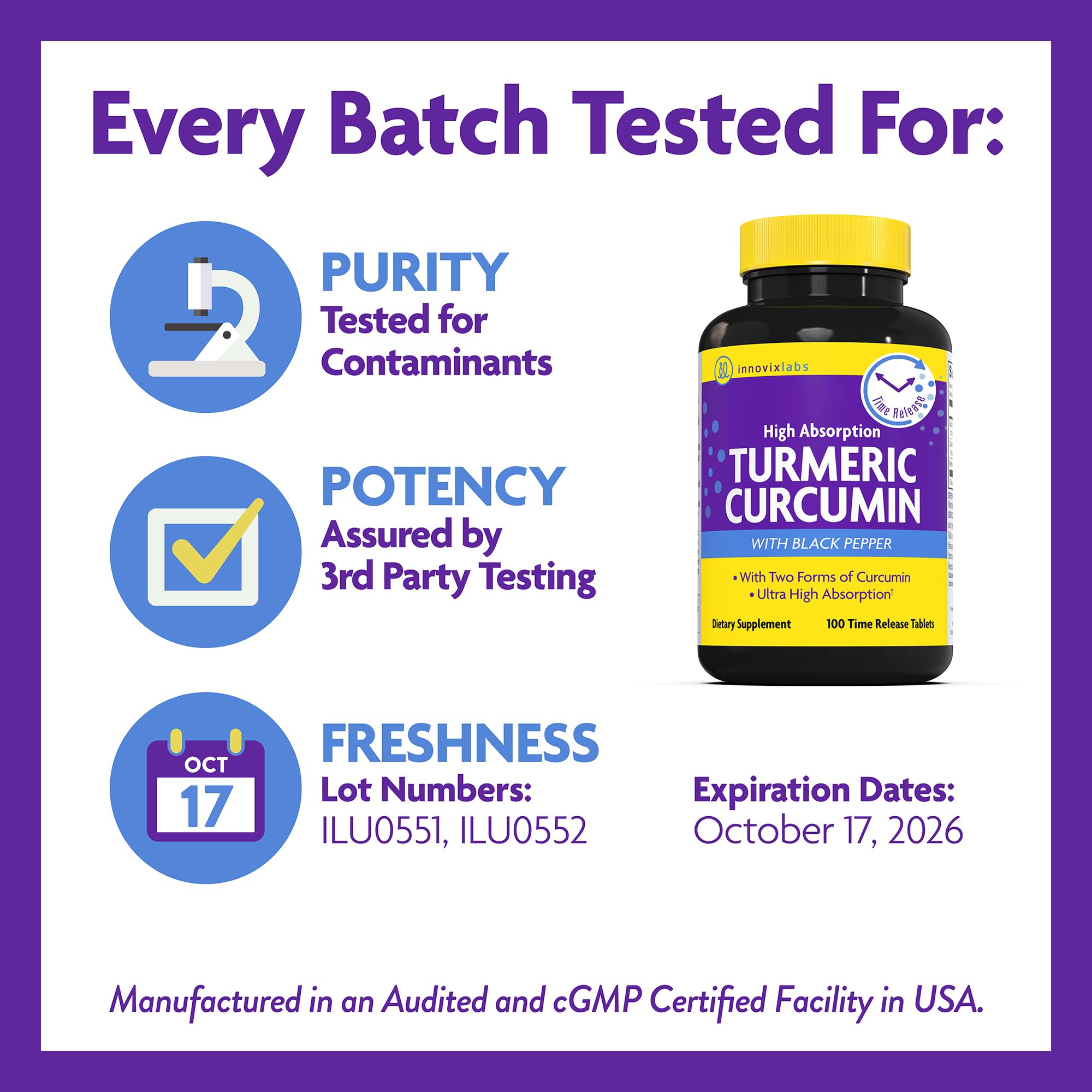 Label showing Indian-origin turmeric and vegetarian formula from InnovixLabs.
