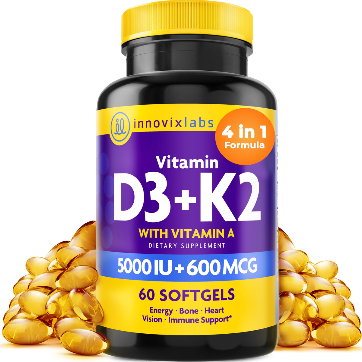 InnovixLabs Vitamin D3 K2 bottle front signals daily bone support