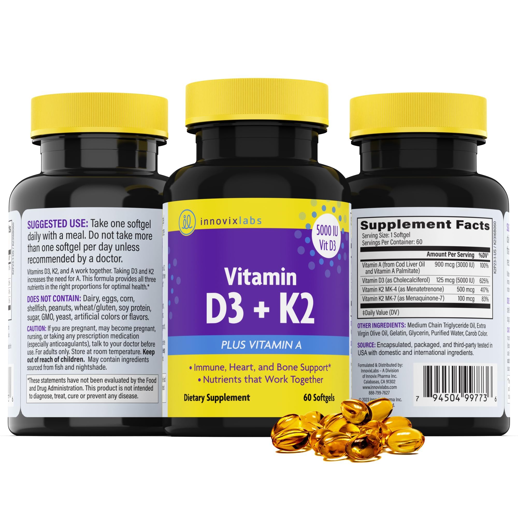 Allergen-friendly packaging for InnovixLabs Vitamin D3 K2 with easy-to-swallow capsules