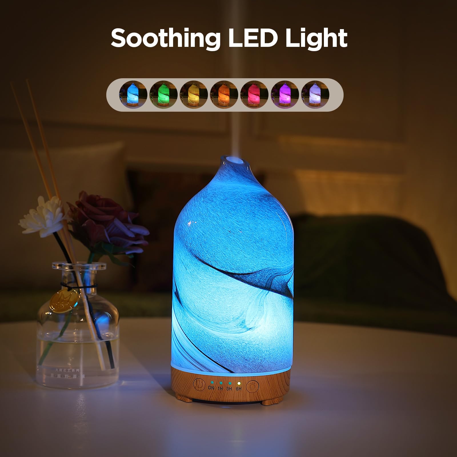 Inrorans hand-blown glass diffuser adds artisanal decor with seven-color night lights.