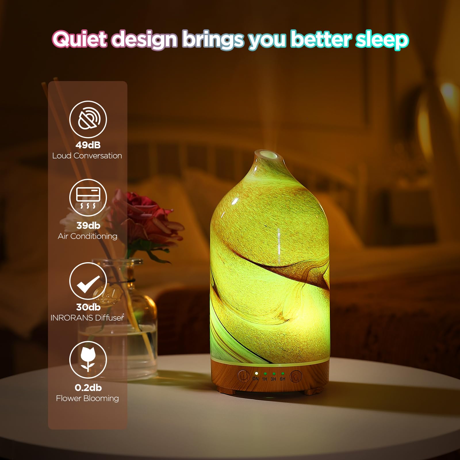 Inrorans ultrasonic diffuser emits a cool mist while preserving essential oils.