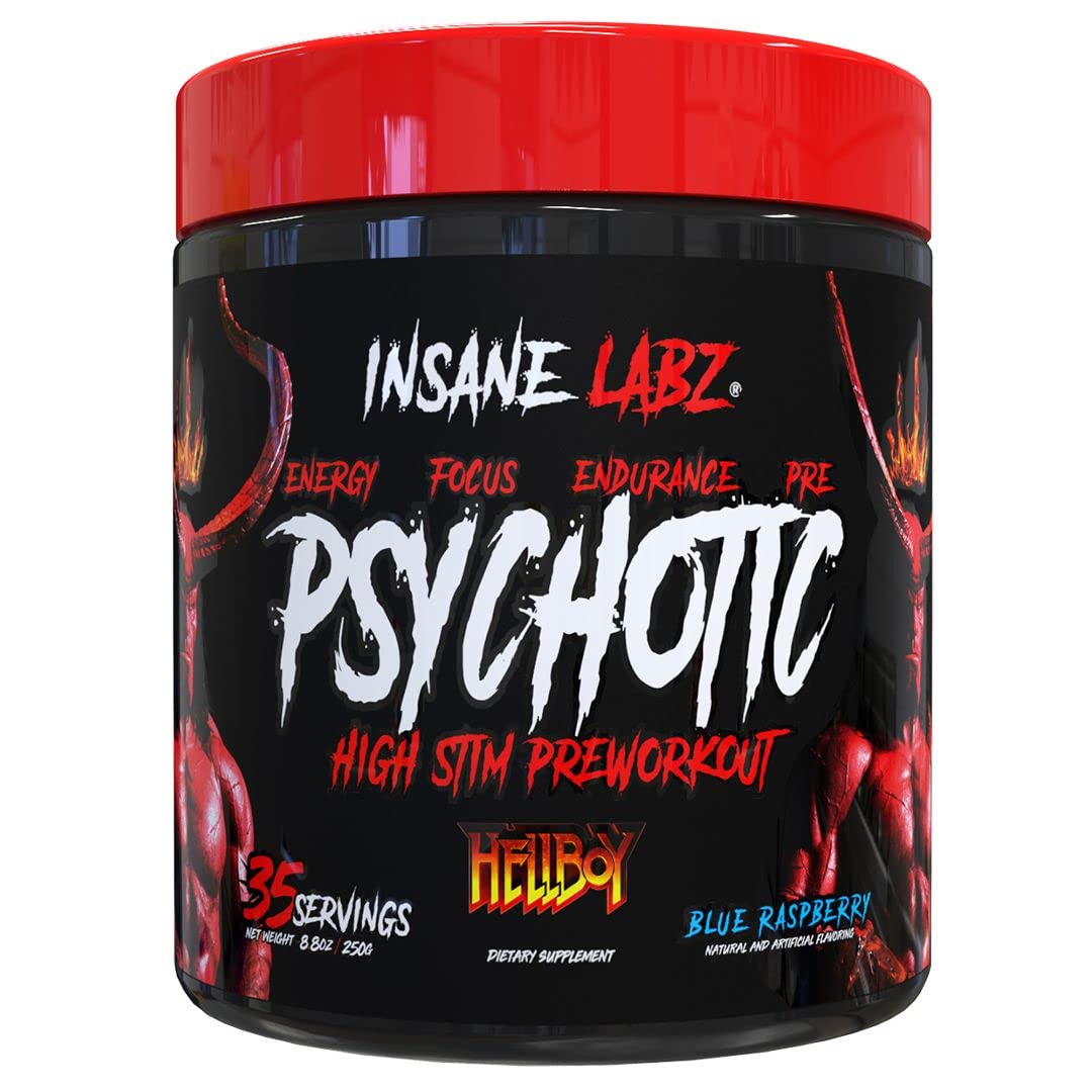 Insane Labz Hellboy Edition tub front view shows blue raspberry flavor for intense workouts.