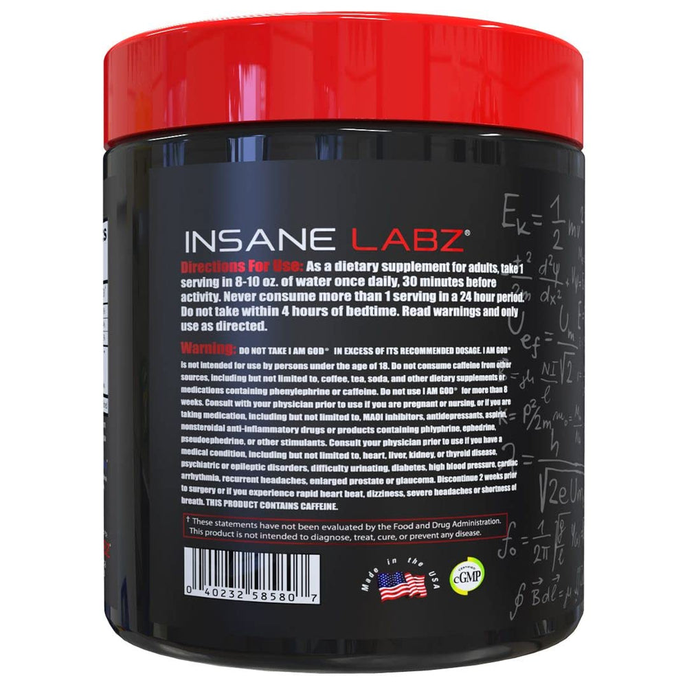 Insane Labz I am God label closeup highlighting creatine and DMAE ingredients.