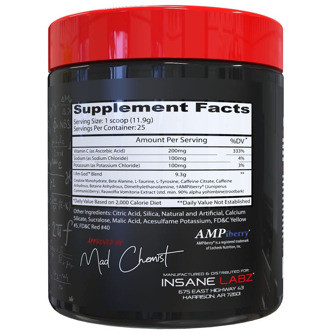 Insane Labz I am God pre-workout scoop showing strong serving for workouts.