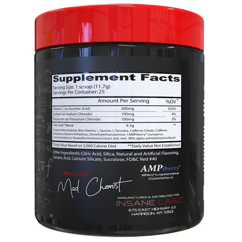 Insane Labz I am God pre workout label closeup highlights creatine and DMAE ingredients.