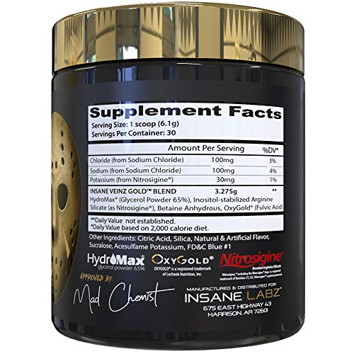 Insane Veinz Gold bottle pouring ready-to-mix pre workout.