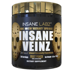 Insane Labz Insane Veinz Gold bottle pouring to highlight vascular pumps and blood flow support.