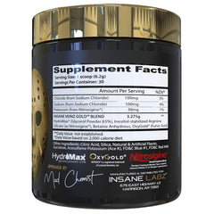 Insane Veinz Gold bottle side highlighting Hydromax hydration support