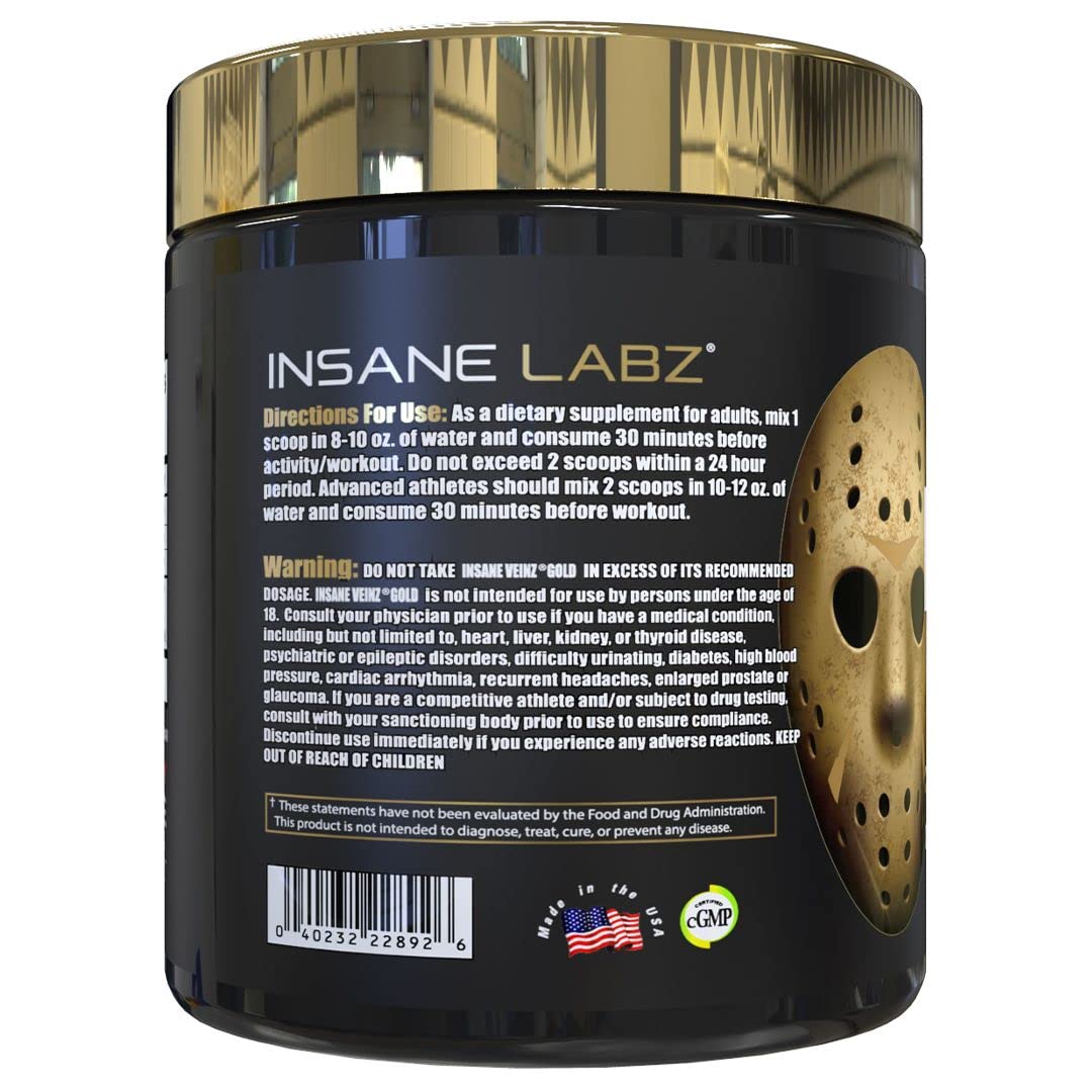 Insane Veinz Gold label closeup emphasizing Nitrosigine for blood flow