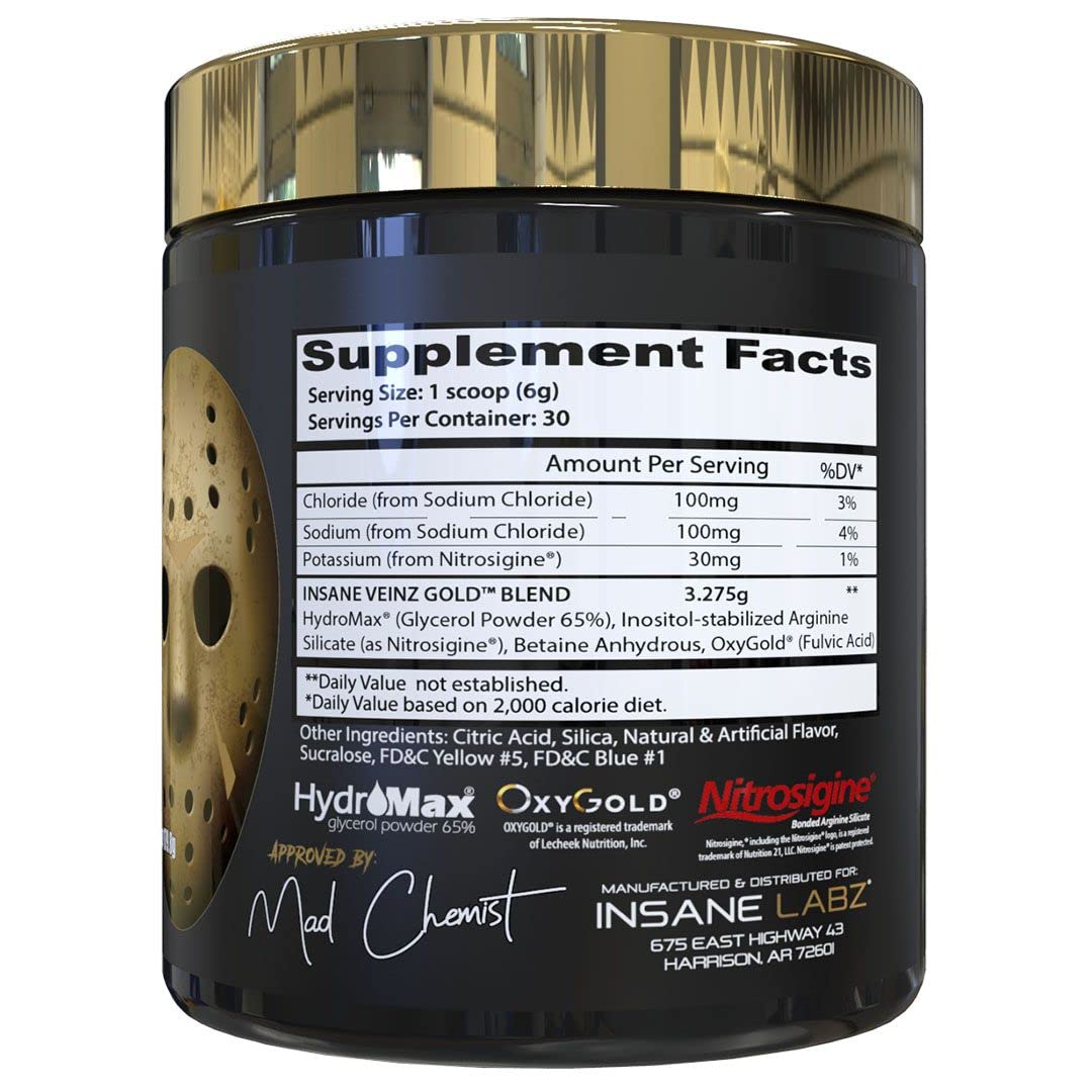 Insane Veinz Gold label highlights Hydromax and Nitrosigine for vascularity support