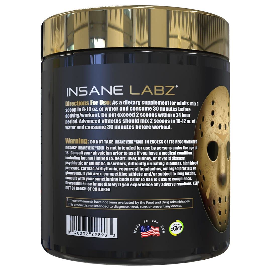 Insane Labz Veinz Gold powder close-up highlighting texture and non-stimulant formulation.