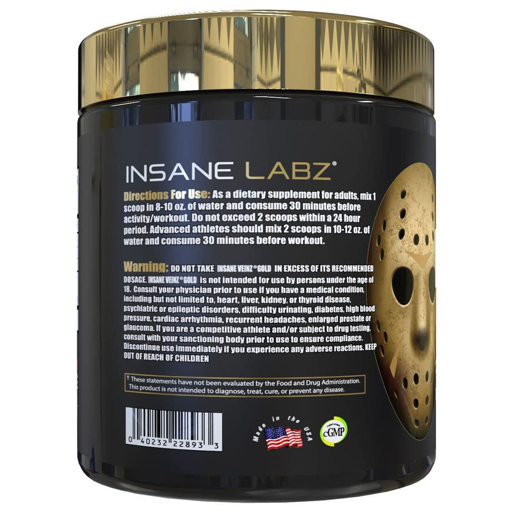 Insane Labz Veinz Gold powder close-up highlighting texture and non-stimulant formulation.