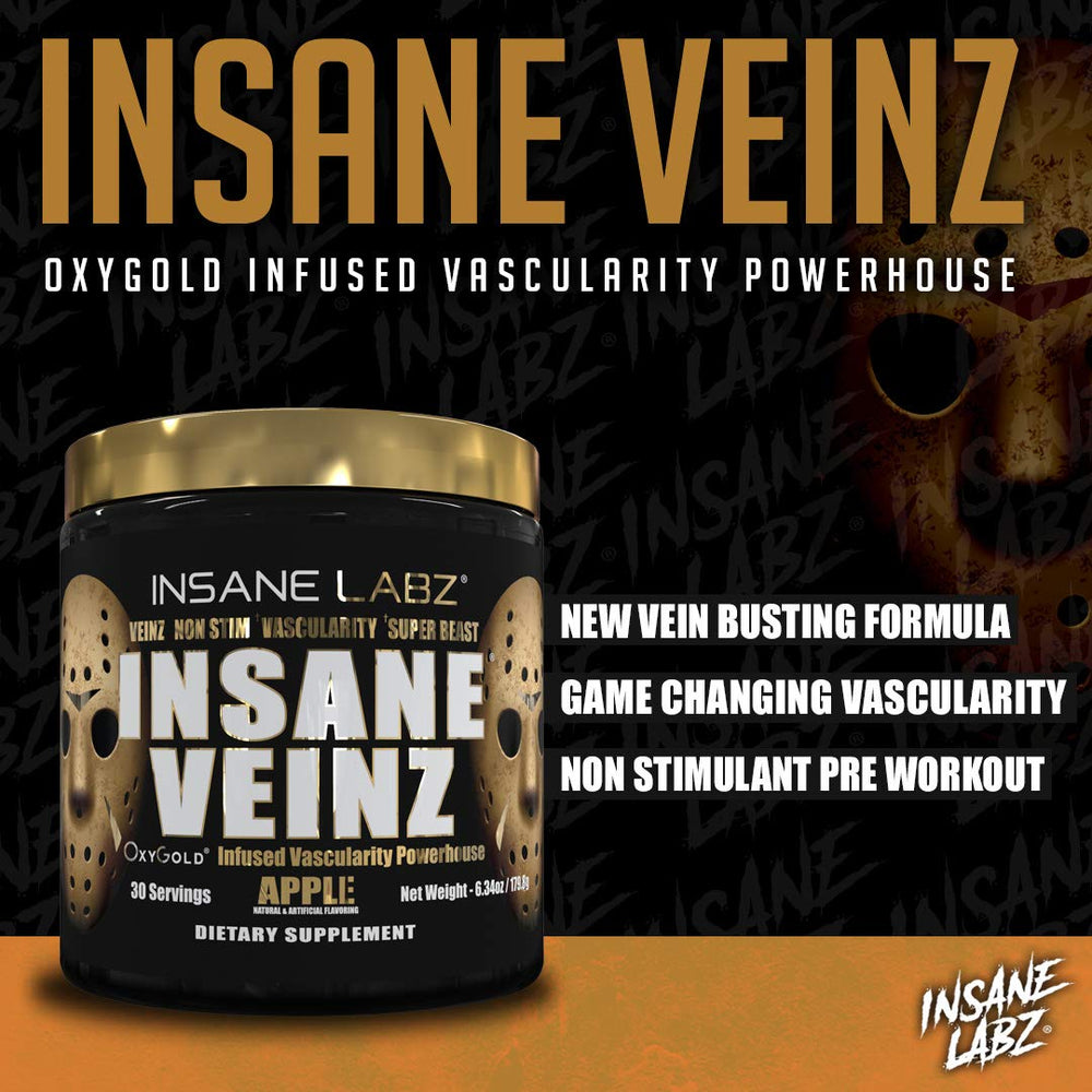 Insane Veinz Gold powder scoop; grape flavor ready for pre-workout sessions
