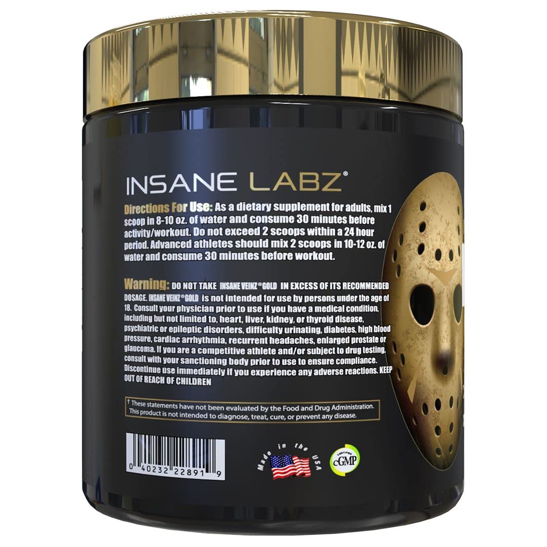 Insane Labz Insane Veinz Gold scoop shown with serving guide for dosage