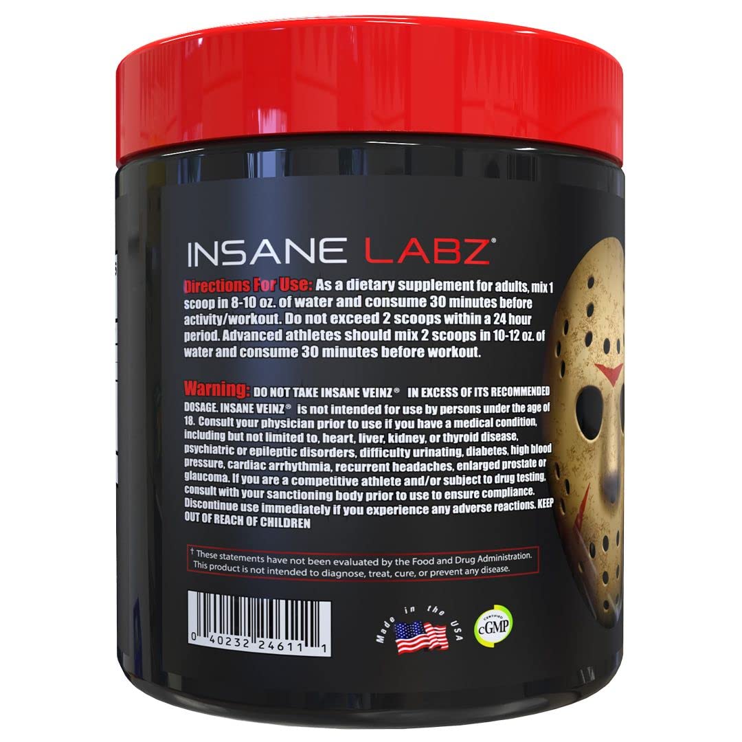 Label ingredients close up on Insane Veinz featuring agmatine sulfate and betaine anhydrous