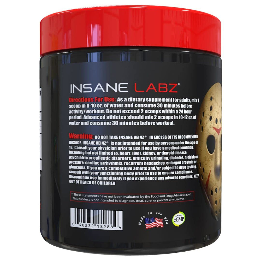 Insane Labz Insane Veinz tub label highlights agmatine sulfate and betaine anhydrous ingredients.