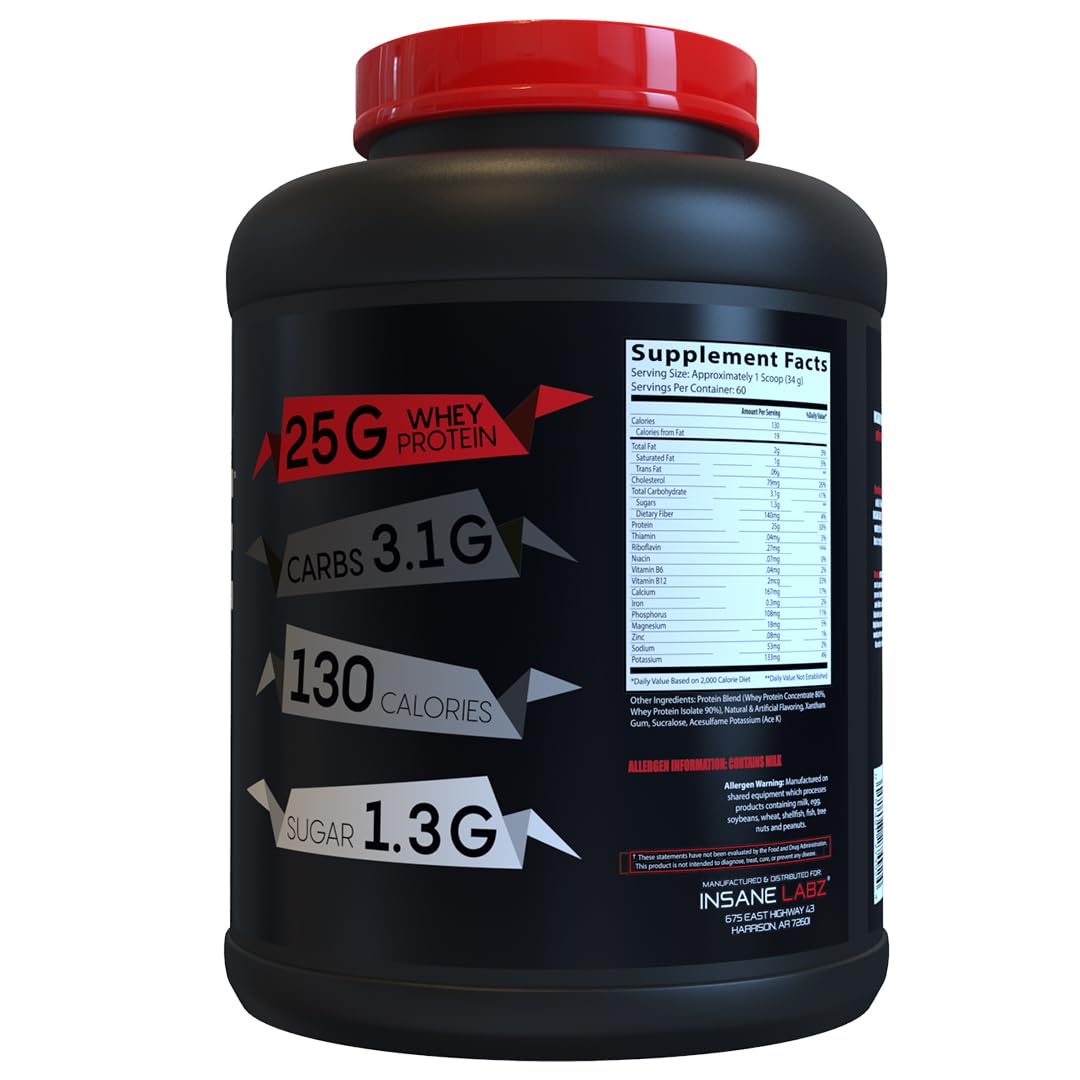 Insane Labz Insane Whey bottle label showing nutrition facts and flavors