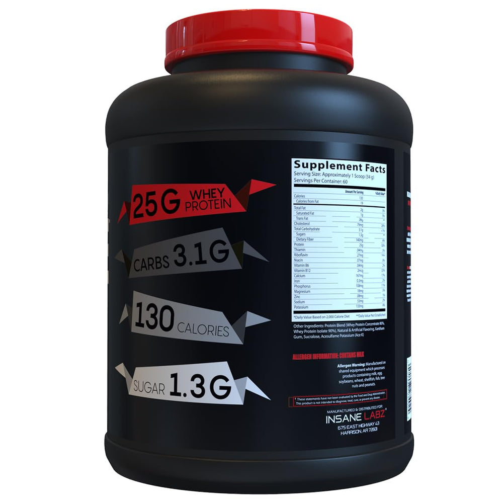Insane Labz Insane Whey bottle label showing nutrition facts and flavors