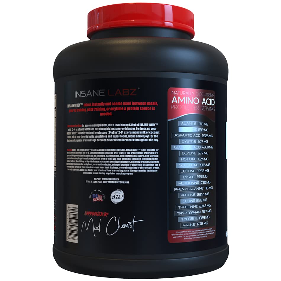 Close-up of Insane Whey label showing 25g protein per serving.