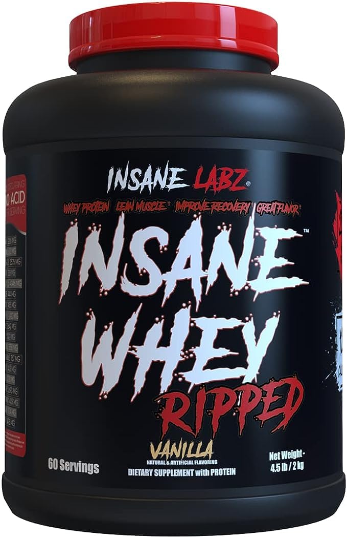 Insane Labz Insane Whey Ripped vanilla bottle supports lean muscle and recovery.