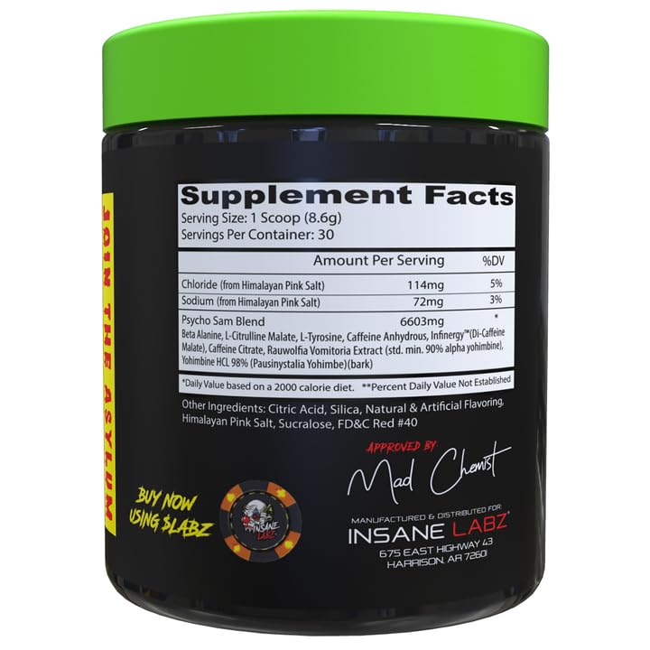 Psycho Sam watermelon tub with scoop highlights powder for a potent energy boost