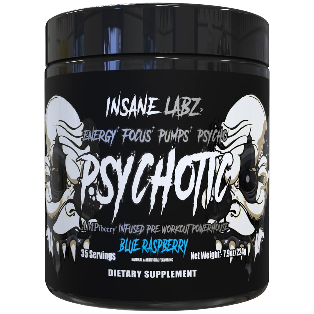 Insane Labz Psychotic Black Edition Blue Raspberry tub ready for a powerful training session with clean energy