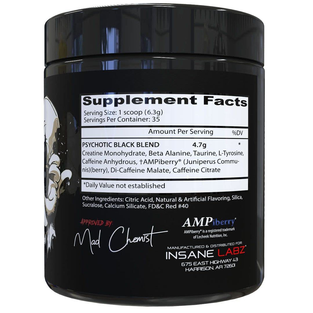 Psychotic Black Edition canister close-up showing Blue Raspberry flavor and energized vibe.