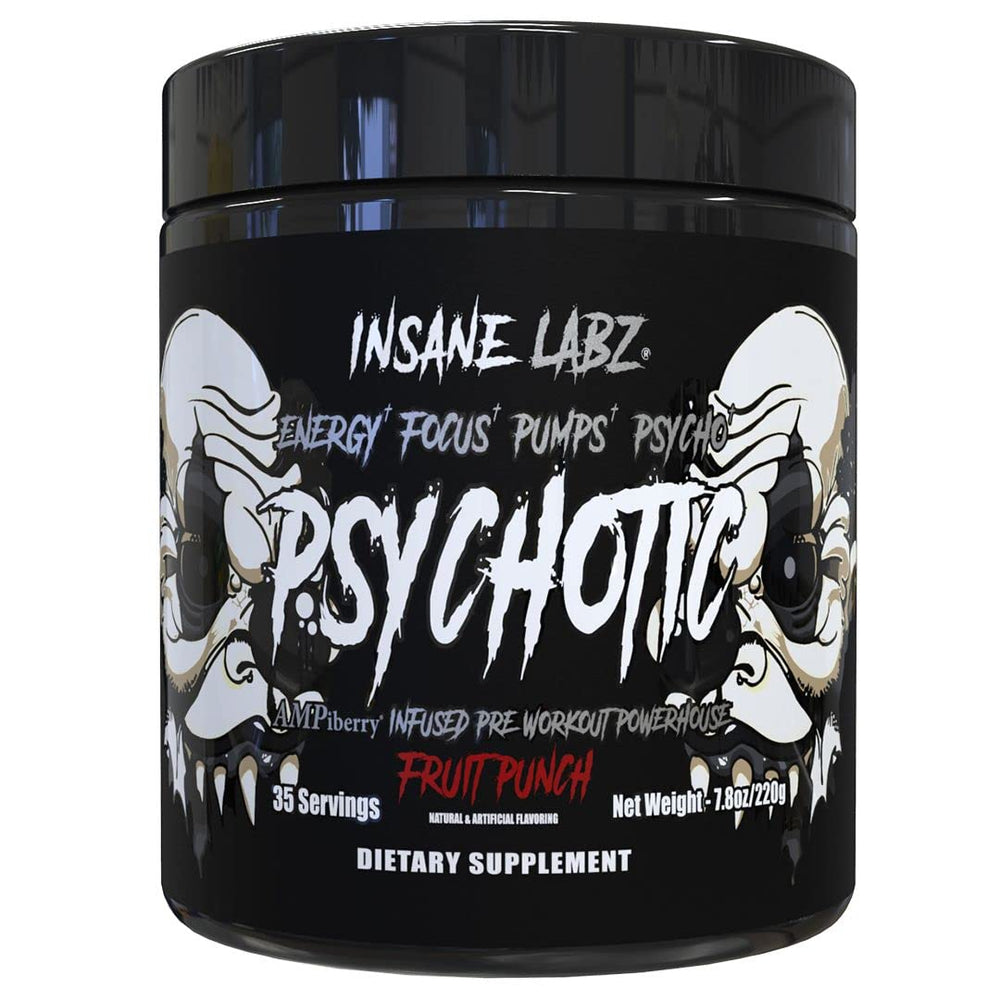 Insane Labz Psychotic Black Edition canister with Fruit Punch label for workout energy.