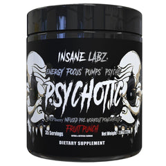 Insane Labz Psychotic Black Edition canister with Fruit Punch label for workout energy.