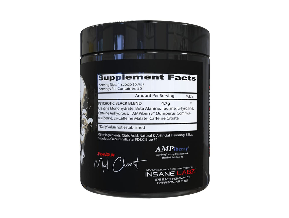 Closeup of Psychotic Black Edition label and scoop highlighting mid-stimulant formula for steady focus