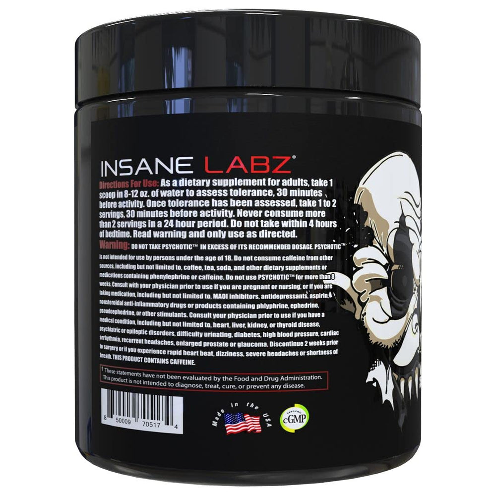 Insane Labz Psychotic Black Edition label closeup with ingredient highlights.