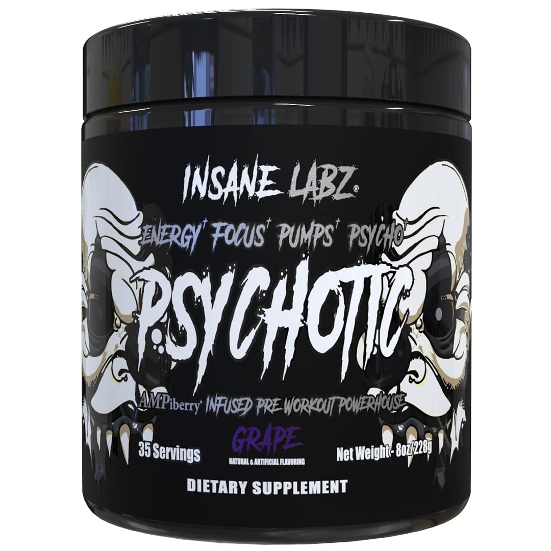 Insane Labz Psychotic Black Edition powder jar with AMPiberry for sustained energy.