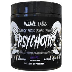 Insane Labz Psychotic Black Edition powder jar with AMPiberry for sustained energy.